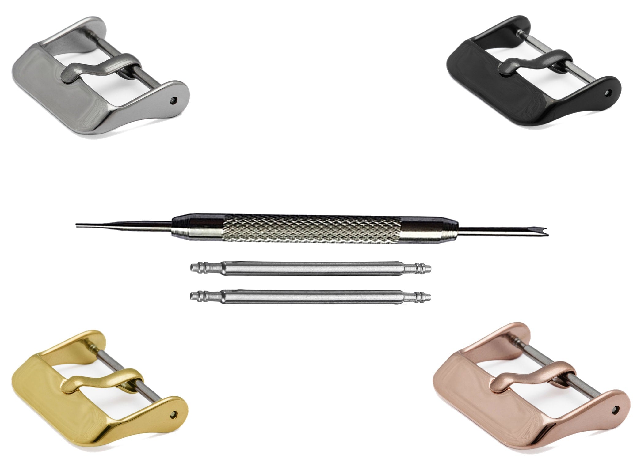 4pcs Set Pin Buckles for 14mm 16mm 18mm 20mm 22mm 24mm Watch Straps Bands Kit Clasp Silver Black Rose Gold Finish -Pins Tool Included